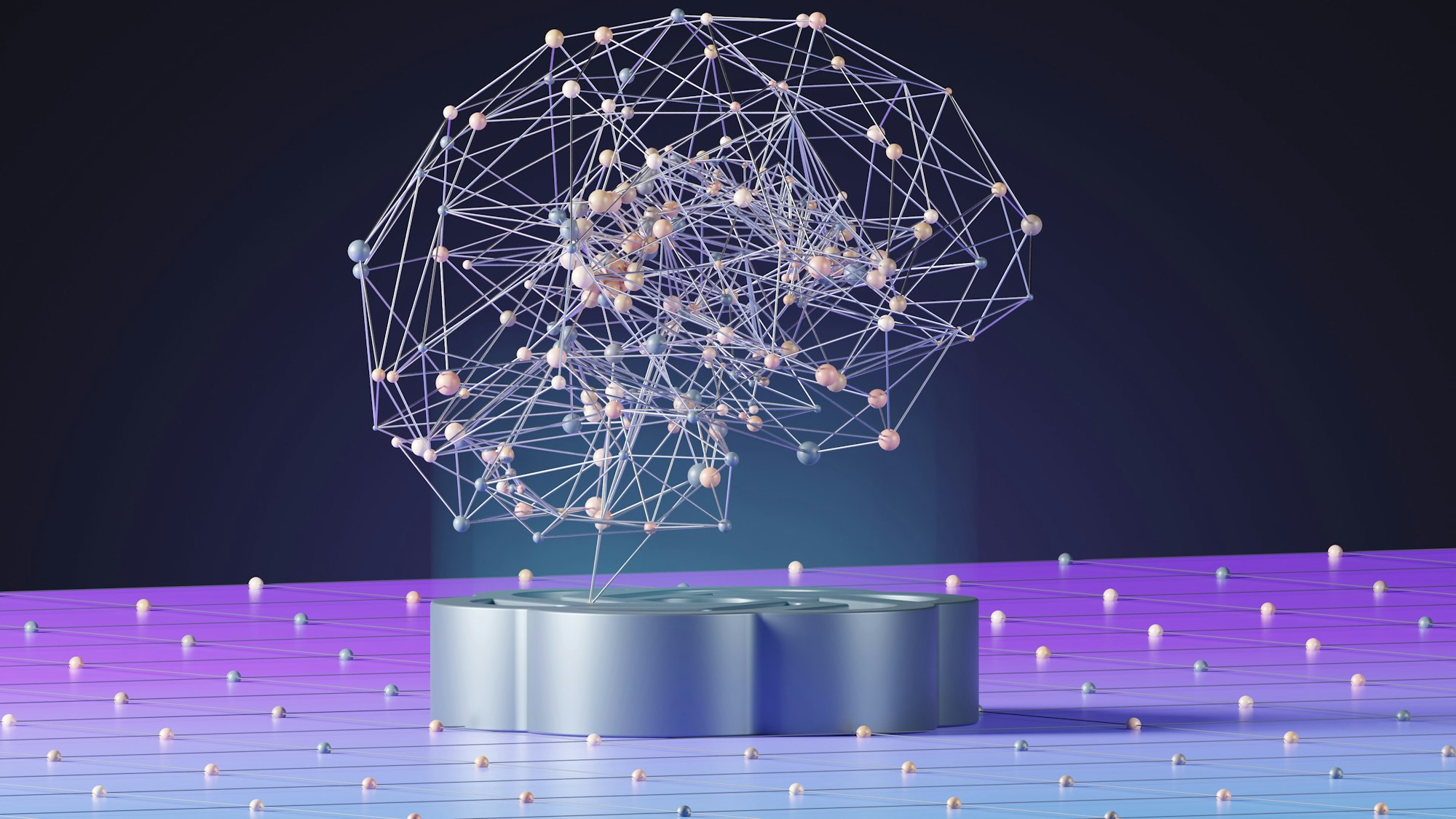 A wireframe neural-network sculpture suspended above a metal base on a dark grid